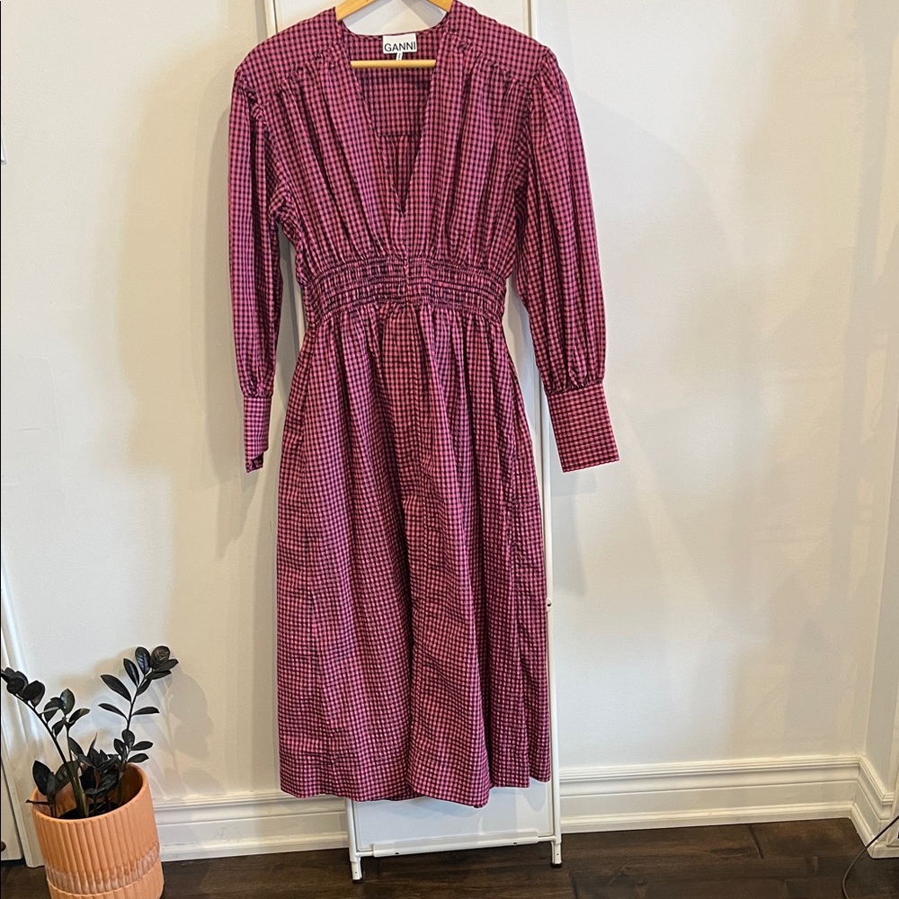 Ganni Seersucker Check Midi Dress in Carmine Rose